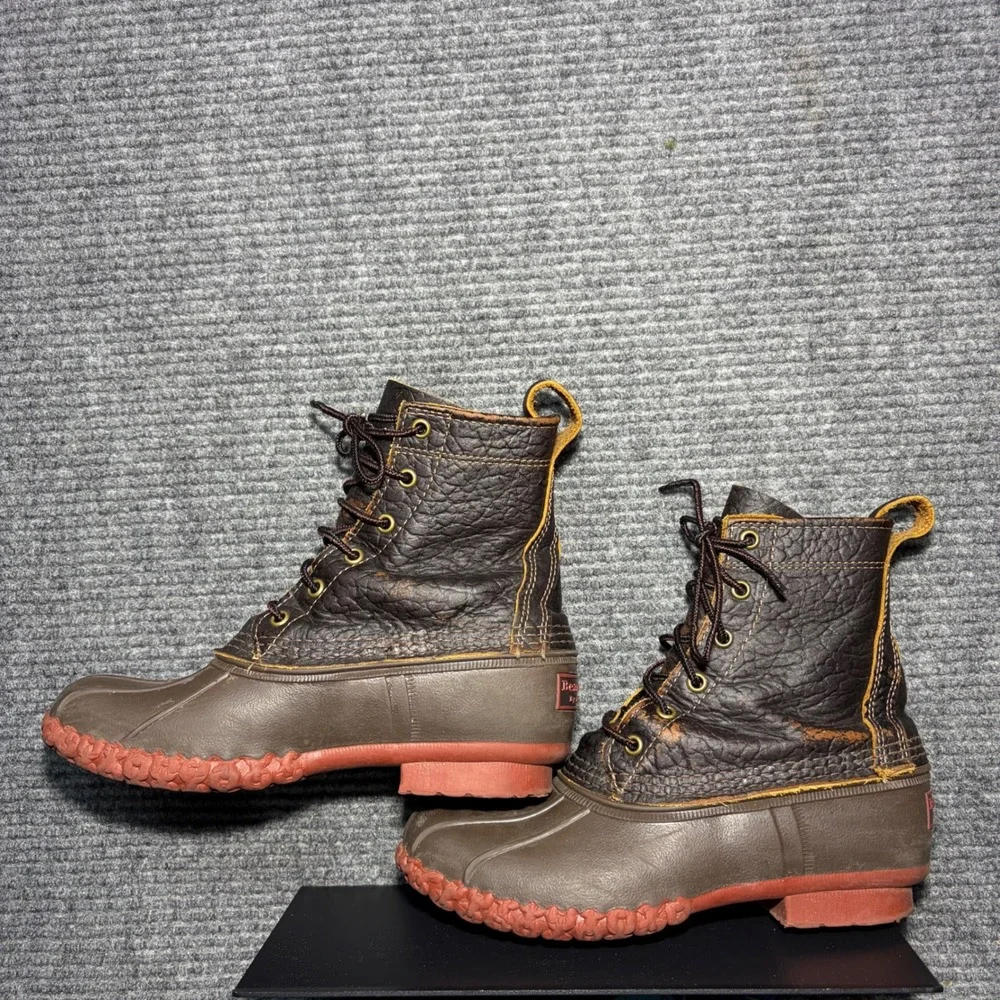 LL Bean Bison Leather Duck Boots Womens 7M Brown Red Sole 8 Inch Made in USA